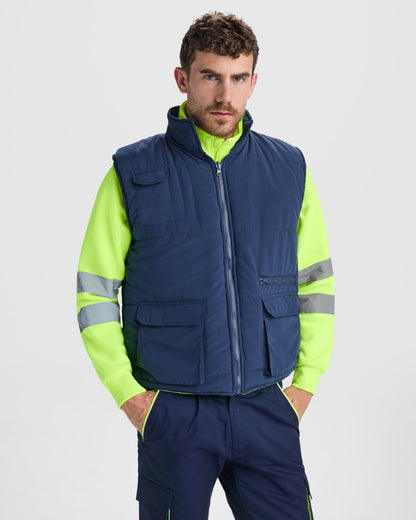 Roly WRK Persei unisex high-visibility vest in navy blue/fluor yellow, alternative view
