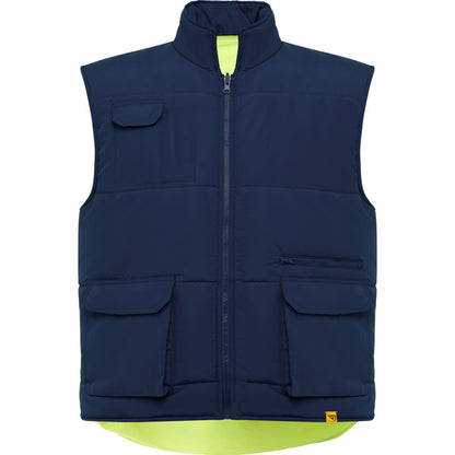 Roly WRK Persei unisex high-visibility vest in navy blue/fluor yellow, ready for logo printing or embroidery