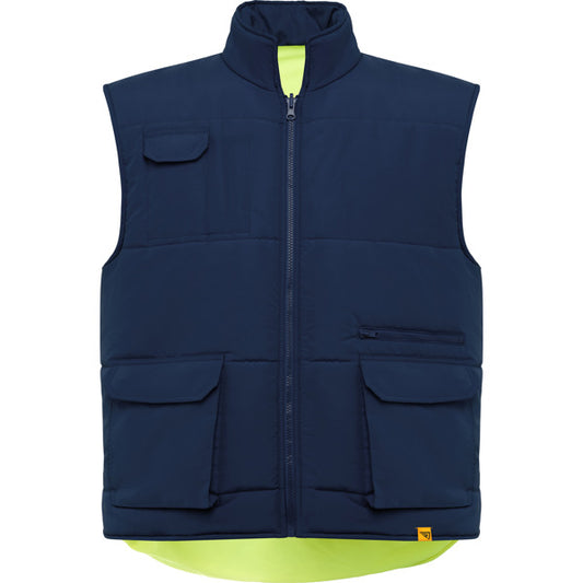 Roly WRK Persei unisex high-visibility vest in navy blue/fluor yellow, ready for logo printing or embroidery