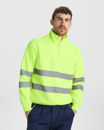 Roly WRK Spica unisex high-visibility sweatshirt in fluor yellow, alternative view, ready for logo printing or embroidery