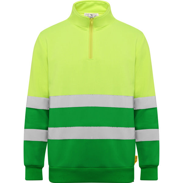 Roly WRK Spica unisex high-visibility sweatshirt in garden green/fluor yellow, ready for logo printing or embroidery