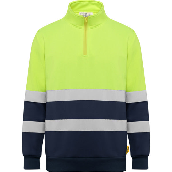 Roly WRK Spica unisex high-visibility sweatshirt in navy blue/fluor yellow, ready for logo printing or embroidery