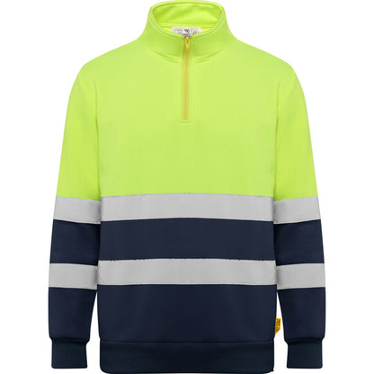 Roly WRK Spica unisex high-visibility sweatshirt in navy blue/fluor yellow, ready for logo printing or embroidery