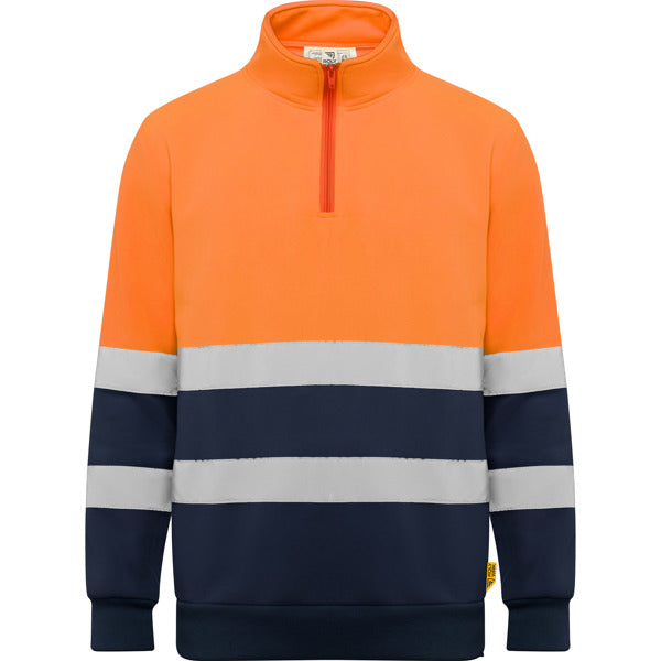 Roly WRK Spica unisex high-visibility sweatshirt in navy blue/fluor orange, ready for logo printing or embroidery