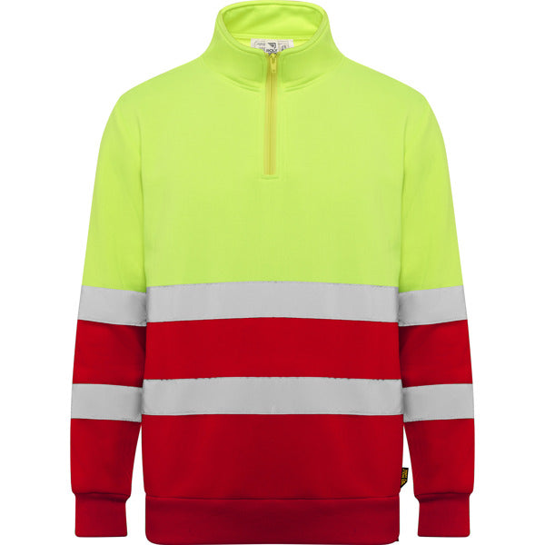 Roly WRK Spica unisex high-visibility sweatshirt in job red/fluor yellow, ready for logo printing or embroidery