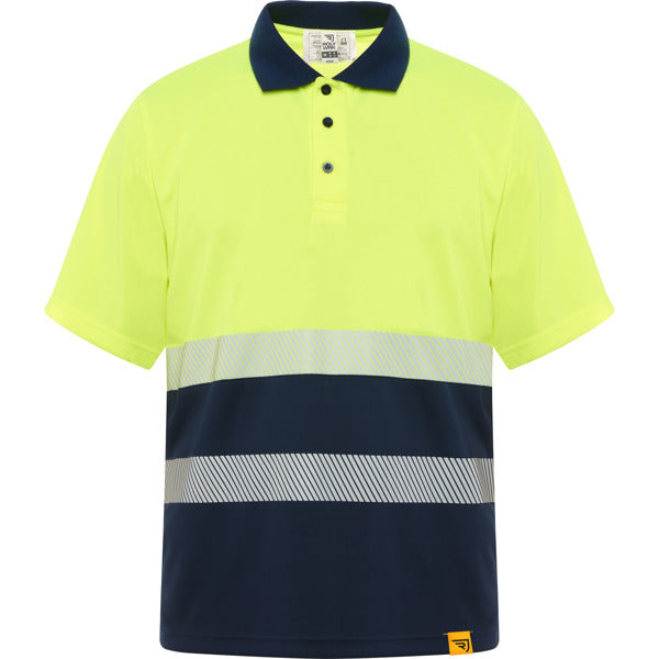 Roly WRK Vega unisex high-visibility polo shirt in navy blue/fluor yellow, ready for logo printing or embroidery