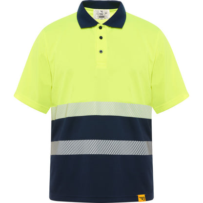 Roly WRK Vega unisex high-visibility polo shirt in navy blue/fluor yellow, ready for logo printing or embroidery