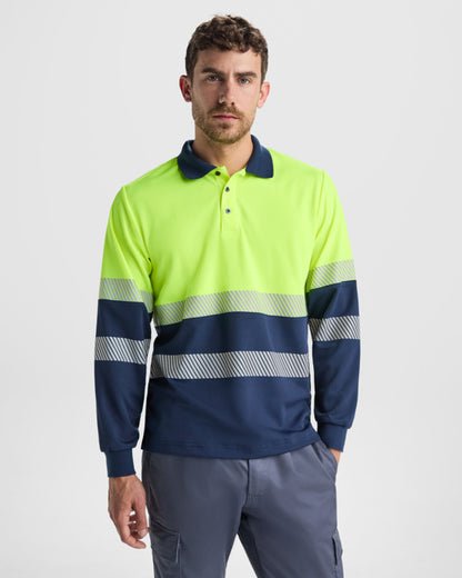 Roly WRK Vega LS unisex high-visibility long-sleeve polo shirt in navy blue/fluor yellow, alternative view