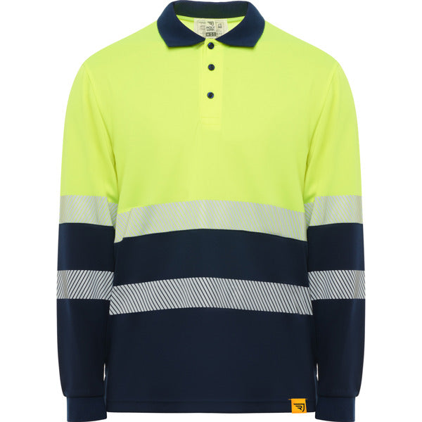 Roly WRK Vega LS unisex high-visibility long-sleeve polo shirt in navy blue/fluor yellow