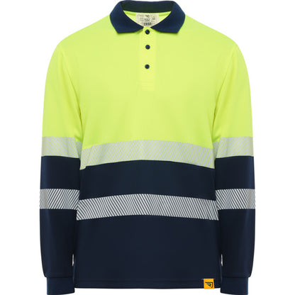 Roly WRK Vega LS unisex high-visibility long-sleeve polo shirt in navy blue/fluor yellow