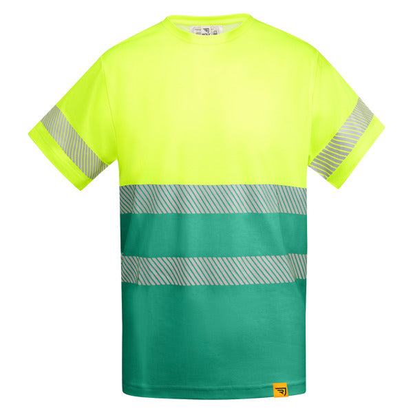Roly WRK Tauri men's high-visibility T-shirt in garden green/fluor yellow, ready for logo printing or embroidery