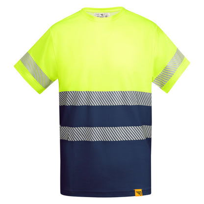 Roly WRK Tauri men's high-visibility T-shirt in navy blue/fluor yellow, ready for logo printing or embroidery