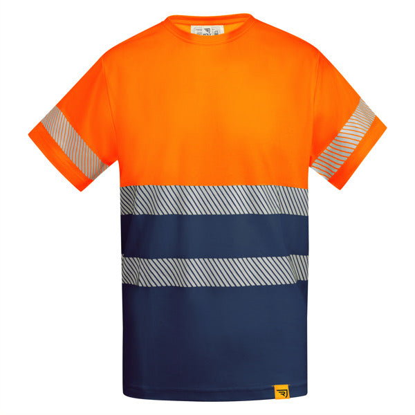 Roly WRK Tauri men's high-visibility T-shirt in navy blue/fluor orange, ready for logo printing or embroidery