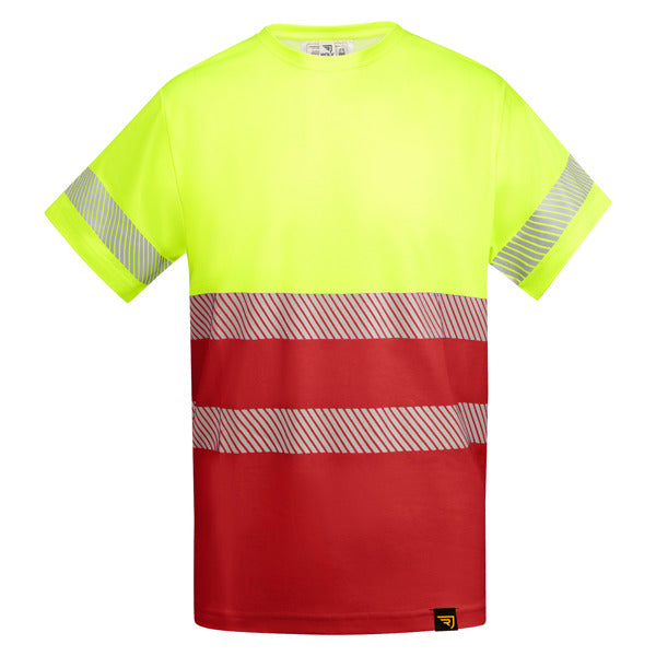 Roly WRK Tauri men's high-visibility T-shirt in job red/fluor yellow, ready for logo printing or embroidery