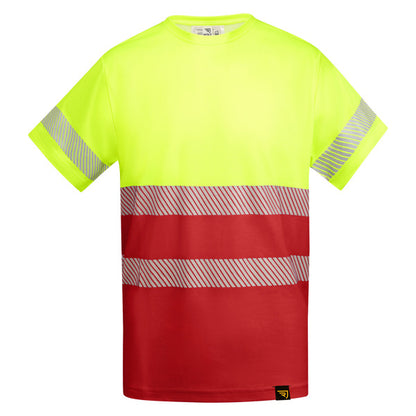 Roly WRK Tauri men's high-visibility T-shirt in job red/fluor yellow, ready for logo printing or embroidery