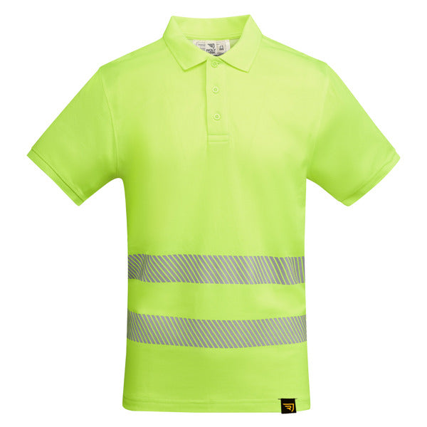 Roly WRK Atrio men's high-visibility polo shirt in fluor yellow, ready for logo printing or embroidery