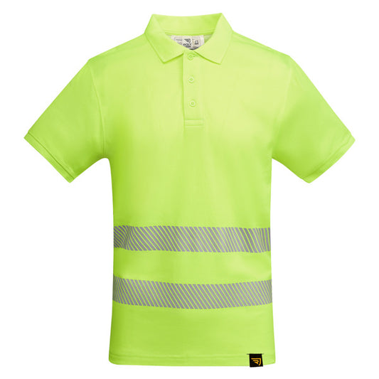 Roly WRK Atrio men's high-visibility polo shirt in fluor yellow, ready for logo printing or embroidery