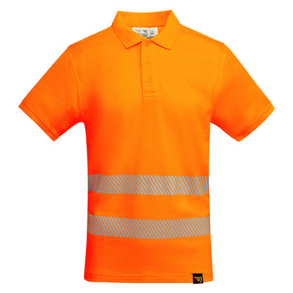 Roly WRK Atrio men's high-visibility polo shirt in fluor orange, ready for logo printing or embroidery
