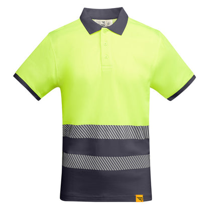 Roly WRK Atrio men's high-visibility polo shirt in lead/fluor yellow, ready for logo printing or embroidery