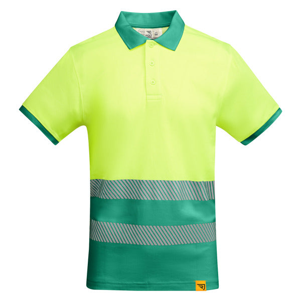 Roly WRK Atrio men's high-visibility polo shirt in garden green/fluor yellow, ready for logo printing or embroidery