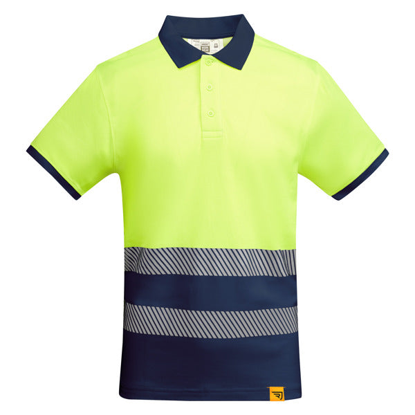 Roly WRK Atrio men's high-visibility polo shirt in navy blue/fluor yellow, ready for logo printing or embroidery