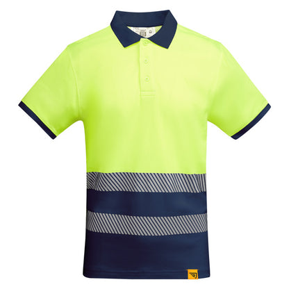 Roly WRK Atrio men's high-visibility polo shirt in navy blue/fluor yellow, ready for logo printing or embroidery