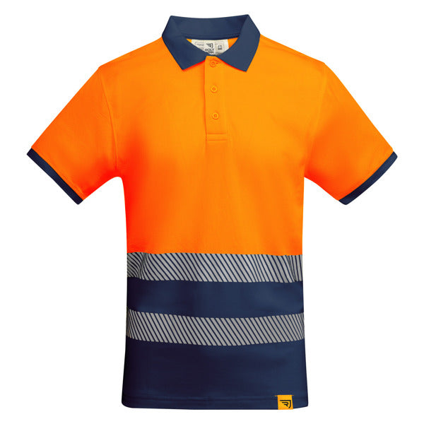 Roly WRK Atrio men's high-visibility polo shirt in navy blue/fluor orange, ready for logo printing or embroidery