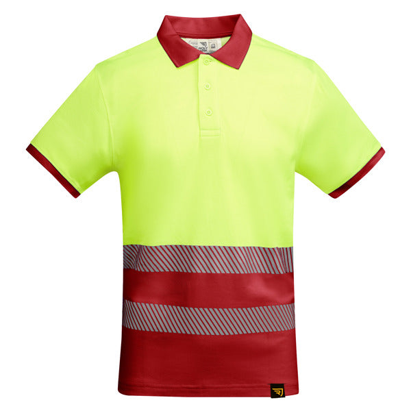 Roly WRK Atrio men's high-visibility polo shirt in job red/fluor yellow, ready for logo printing or embroidery