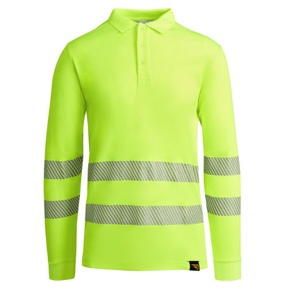 Roly WRK Atrio LS men's high-visibility long-sleeve polo shirt in fluor yellow, ready for logo printing or embroidery
