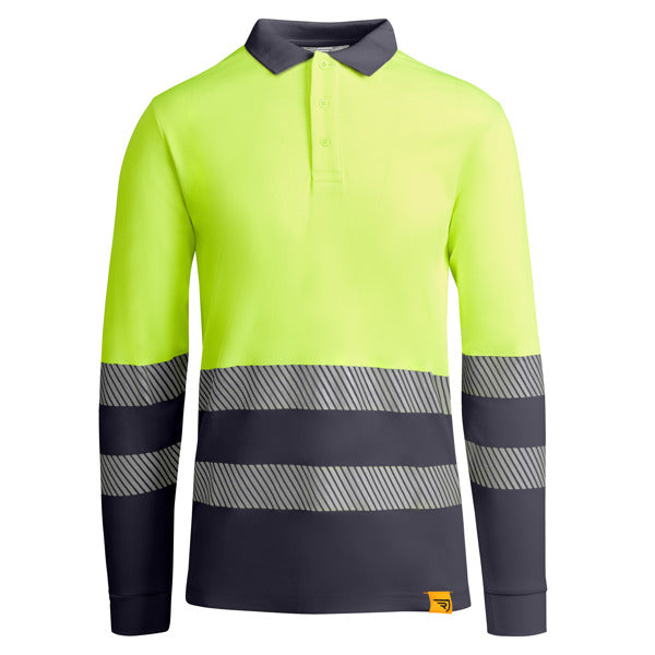 Roly WRK Atrio LS men's high-visibility long-sleeve polo shirt in lead/fluor yellow, ready for logo printing or embroidery