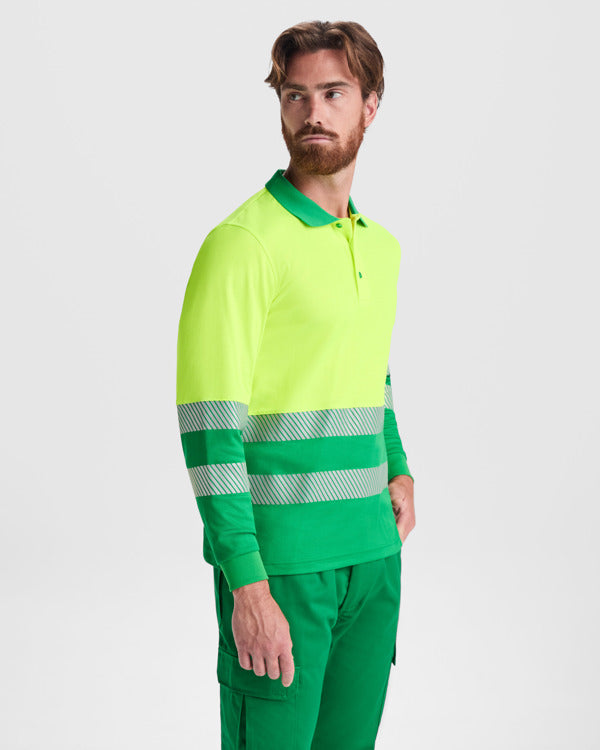 Roly WRK Atrio LS men's high-visibility long-sleeve polo shirt in fluor yellow, alternative view