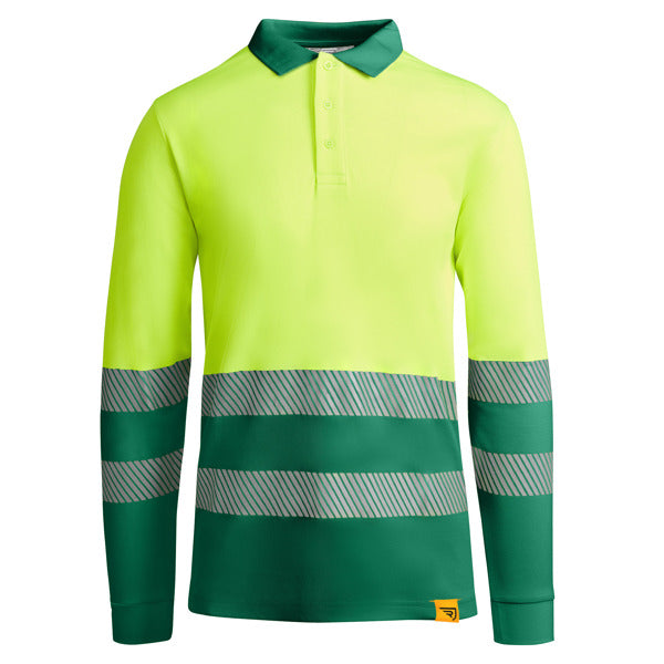 Roly WRK Atrio LS men's high-visibility long-sleeve polo shirt in garden green/fluor yellow