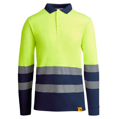 Roly WRK Atrio LS men's high-visibility long-sleeve polo shirt in navy blue/fluor yellow
