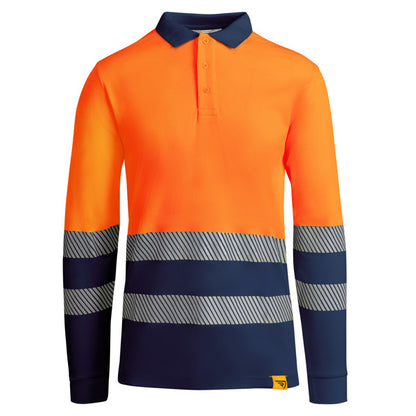 Roly WRK Atrio LS men's high-visibility long-sleeve polo shirt in navy blue/fluor orange