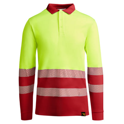 Roly WRK Atrio LS men's high-visibility long-sleeve polo shirt in job red/fluor yellow, ready for logo printing or embroidery
