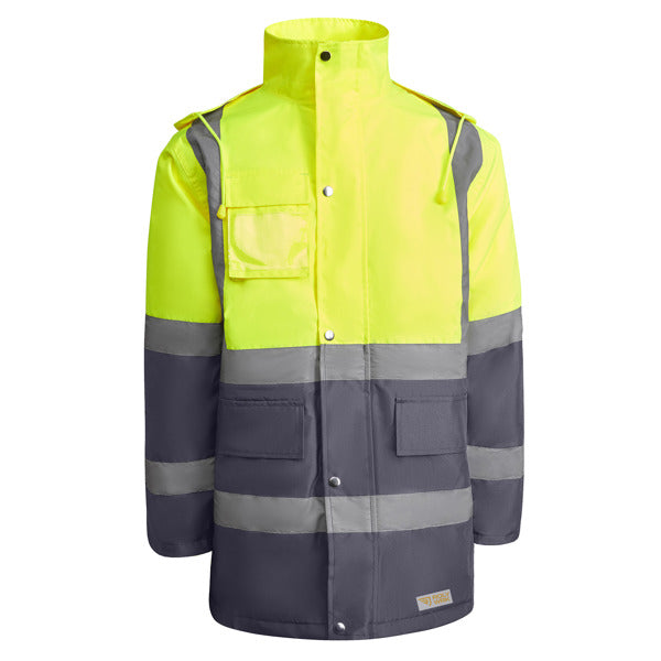 Roly WRK Merak men's high-visibility parka in lead/fluor yellow, ready for logo printing or embroidery