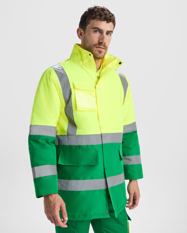 Roly WRK Merak men's high-visibility parka in fluor yellow, alternative view, ready for logo printing or embroidery