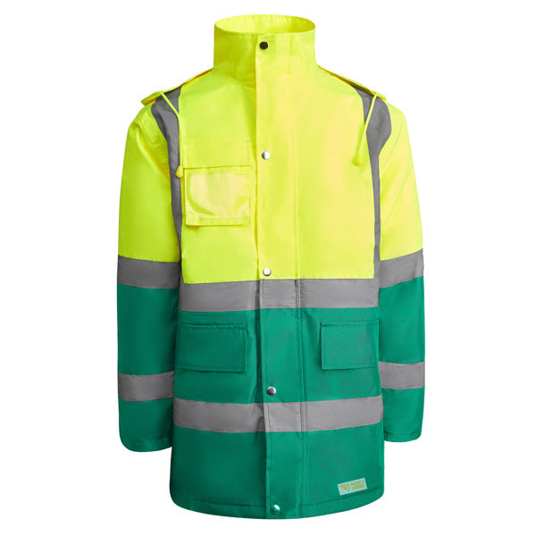 Roly WRK Merak men's high-visibility parka in garden green/fluor yellow, ready for logo printing or embroidery