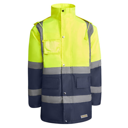 Roly WRK Merak men's high-visibility parka in navy blue/fluor yellow, ready for logo printing or embroidery