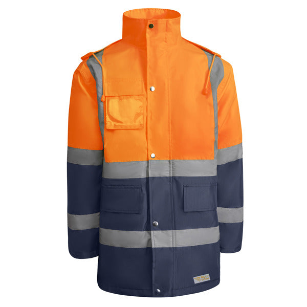 Roly WRK Merak men's high-visibility parka in navy blue/fluor orange, ready for logo printing or embroidery