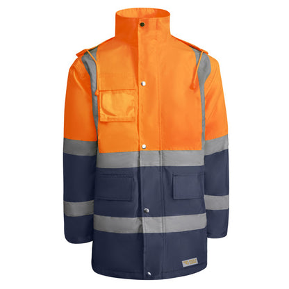 Roly WRK Merak men's high-visibility parka in navy blue/fluor orange, ready for logo printing or embroidery