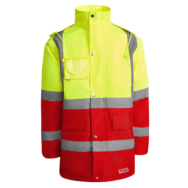 Roly WRK Merak men's high-visibility parka in job red/fluor yellow, ready for logo printing or embroidery