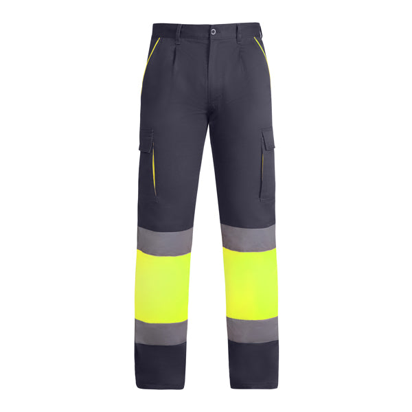 Roly WRK Enix men's high-visibility trousers in lead/fluor yellow, ready for logo printing or embroidery