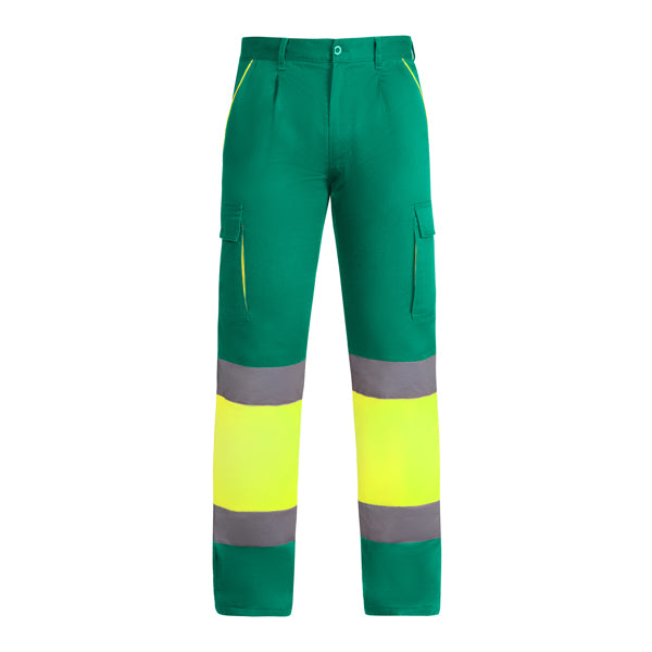 Roly WRK Enix men's high-visibility trousers in garden green/fluor yellow, ready for logo printing or embroidery