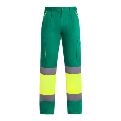 Roly WRK Enix men's high-visibility trousers in garden green/fluor yellow, ready for logo printing or embroidery