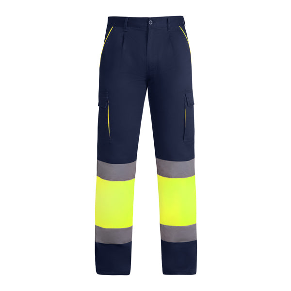 Roly WRK Enix men's high-visibility trousers in navy blue/fluor yellow, ready for logo printing or embroidery
