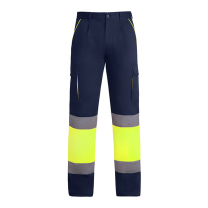 Roly WRK Enix men's high-visibility trousers in navy blue/fluor yellow, ready for logo printing or embroidery