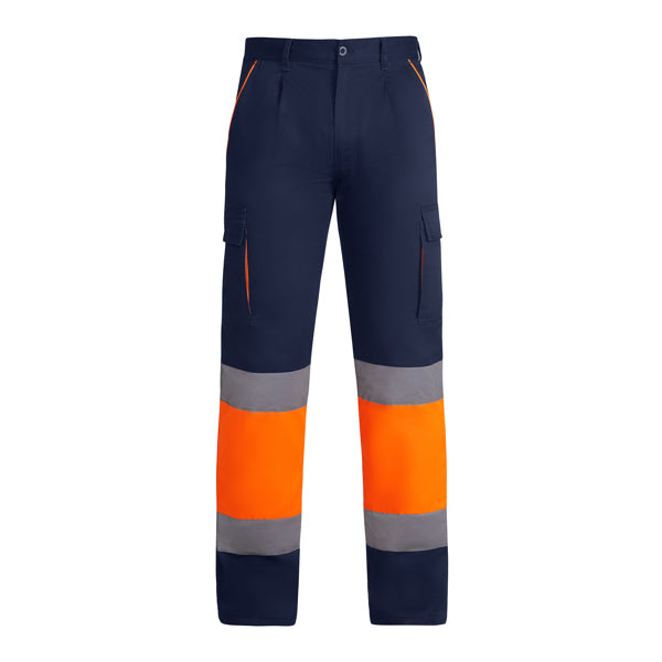 Roly WRK Enix men's high-visibility trousers in navy blue/fluor orange, ready for logo printing or embroidery