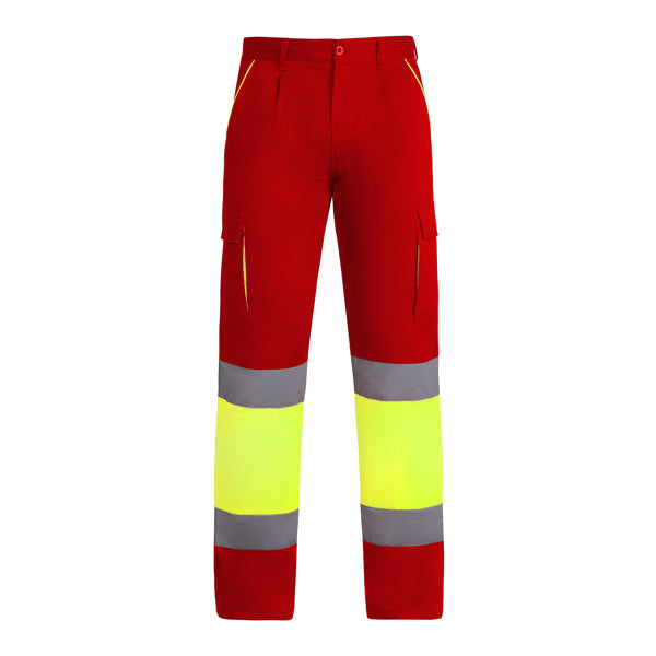 Roly WRK Enix men's high-visibility trousers in job red/fluor yellow, ready for logo printing or embroidery