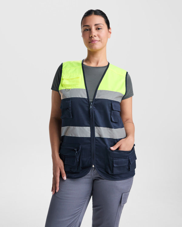 Roly WRK Beta unisex high-visibility vest in navy blue/fluor yellow, alternative view, ready for logo printing or embroidery